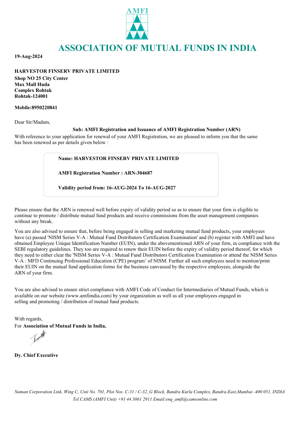 AMFI registration letter for Harvestor Finserv Private Limited, ARN-304687